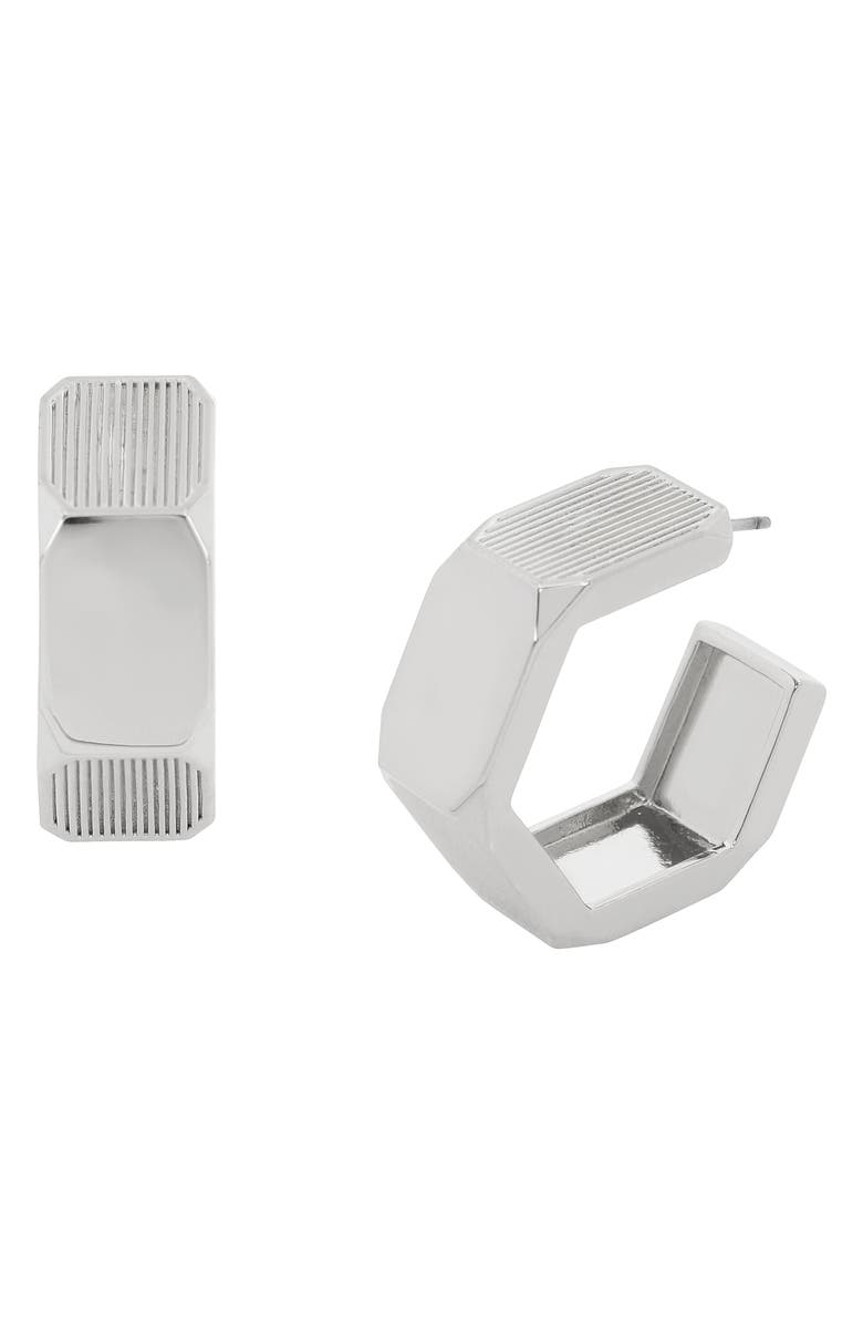 AllSaints Textured Medium Hexagon Hoop Earrings, Main, color, Rhodium