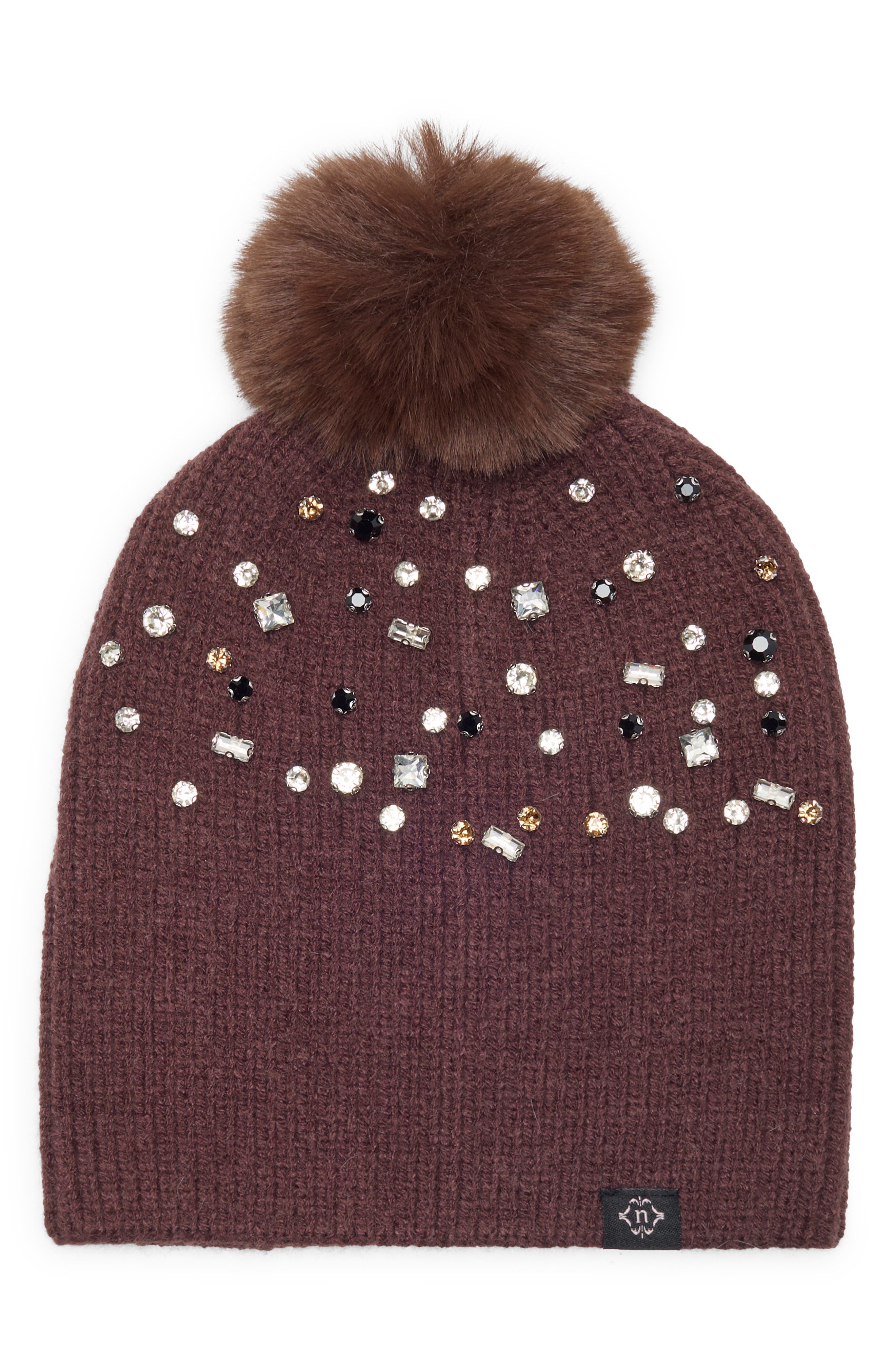 Fair Isle Stud Beanie with Faux Fur Pom