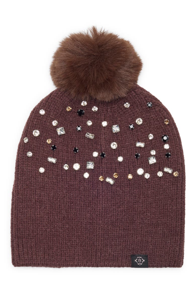 Fair Isle Stud Beanie with Faux Fur Pom, Main, color, BROWN