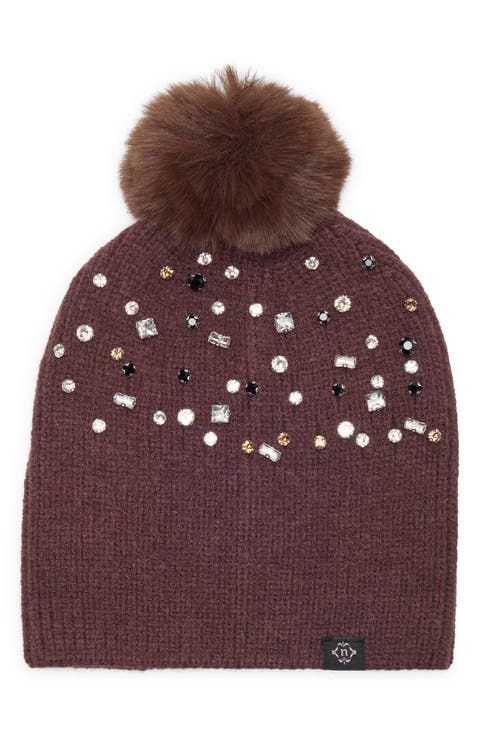 Fair Isle Stud Beanie with Faux Fur Pom