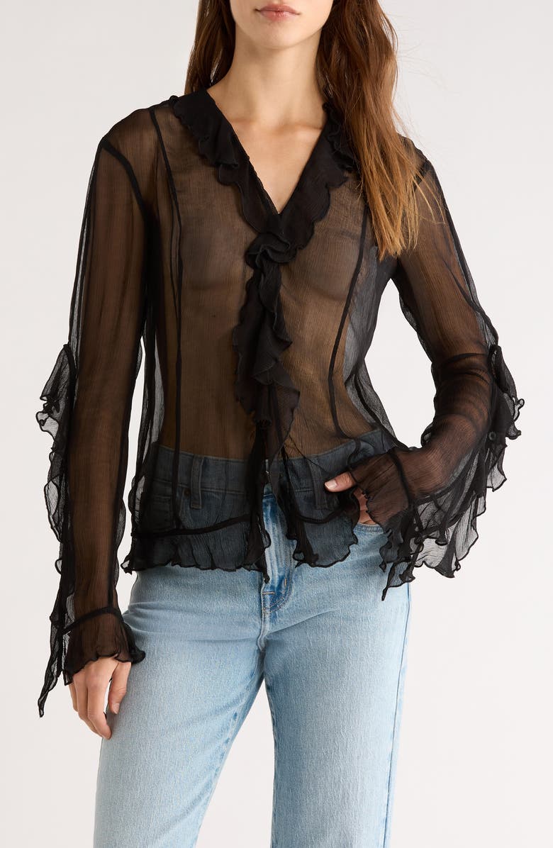 STAUD Kellcy Sheer Ruffle Sleeve Top, Main, color, Black