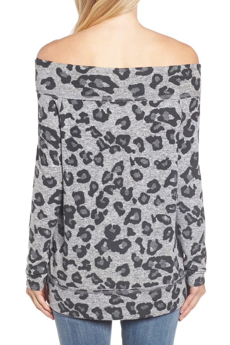x Living in Yellow Mary Fleece Off the Shoulder Top (Nordstrom Exclusive), Alternate, color, GREY LEOPARD