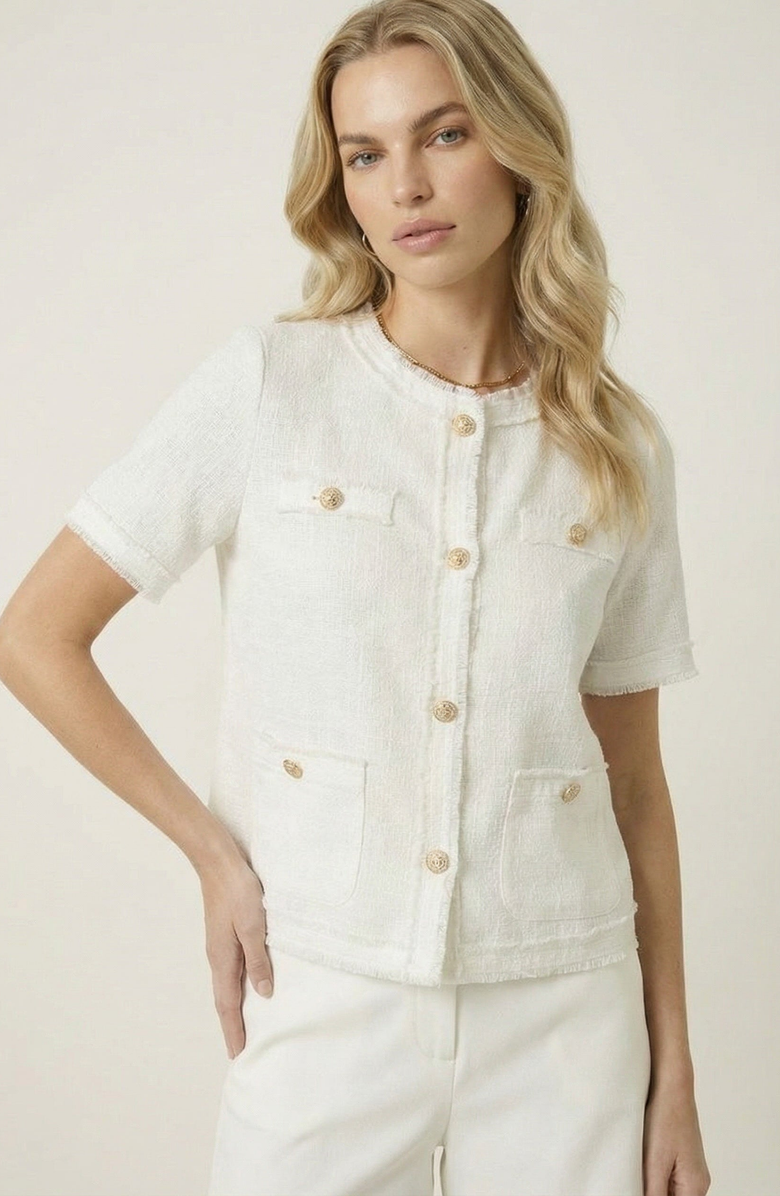 Modenaire Textured Short Sleeve Frayed Trim Jacket, Main, color, Off-White