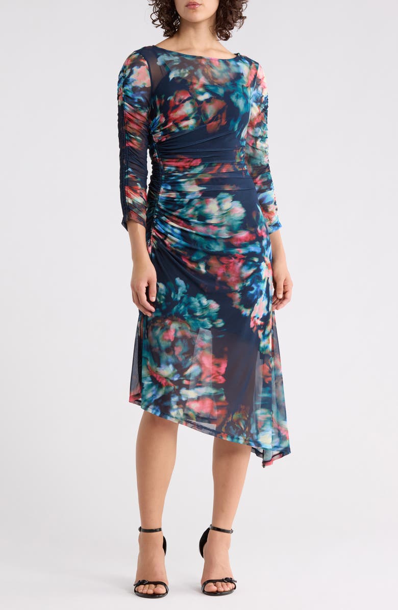 Calvin Klein Mesh Three-Quarter Sleeve Asymmetrical Hem Dress, Main, color, Indigo Multi