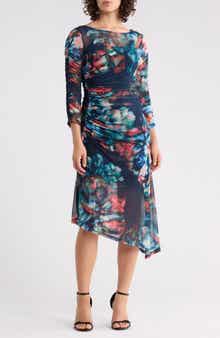 Calvin Klein Mesh Three-Quarter Sleeve Asymmetrical Hem Dress