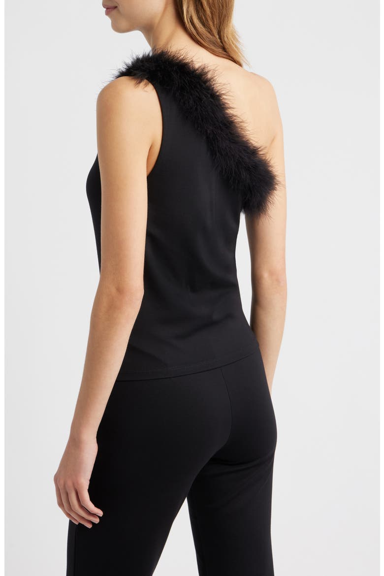Xplumi Feather Trim One-Shoulder Top, Alternate, color, BLACK