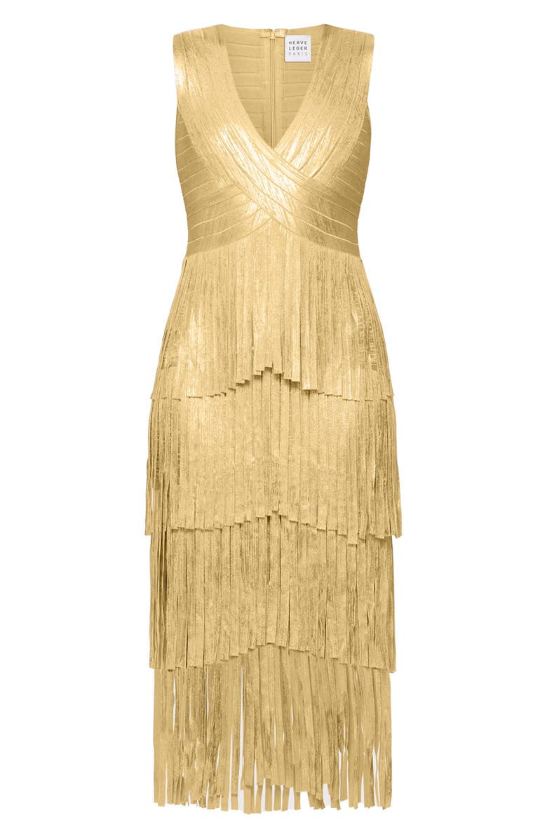 Herve Leger Pleated Tiered Metallic Foil Cocktail Midi Dress, Alternate, color, Gold Foil