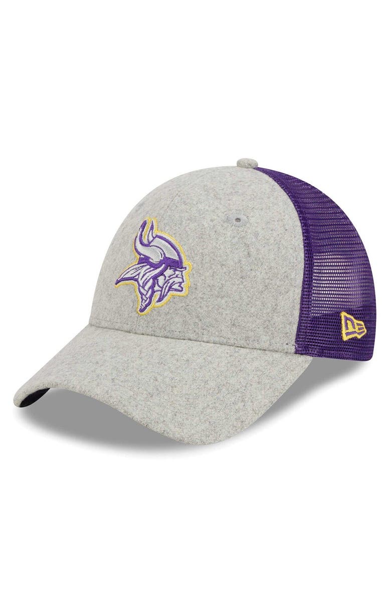 New Era Men's New Era Heather Gray/Purple Minnesota Vikings Pop Trucker 9FORTY Adjustable Hat, Main, color,