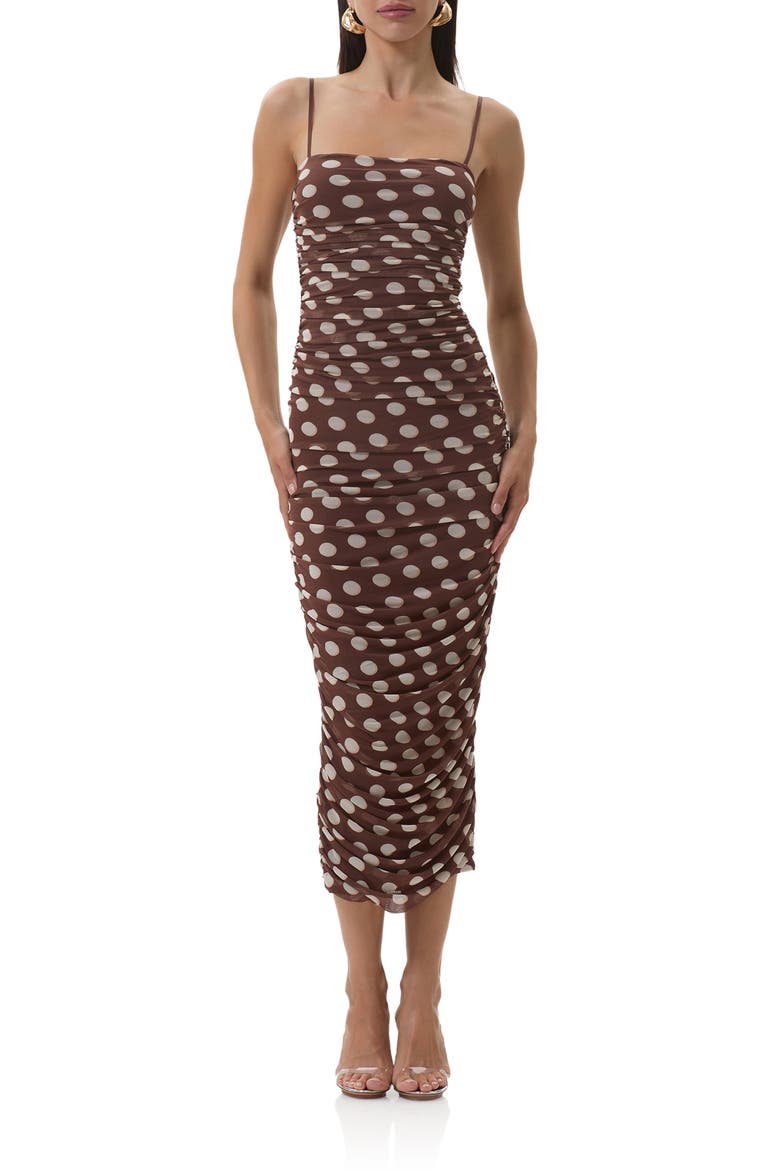 Hazel Ruched Mesh Midi Dress, Main, color, CHOCOLATE HALO DOT
