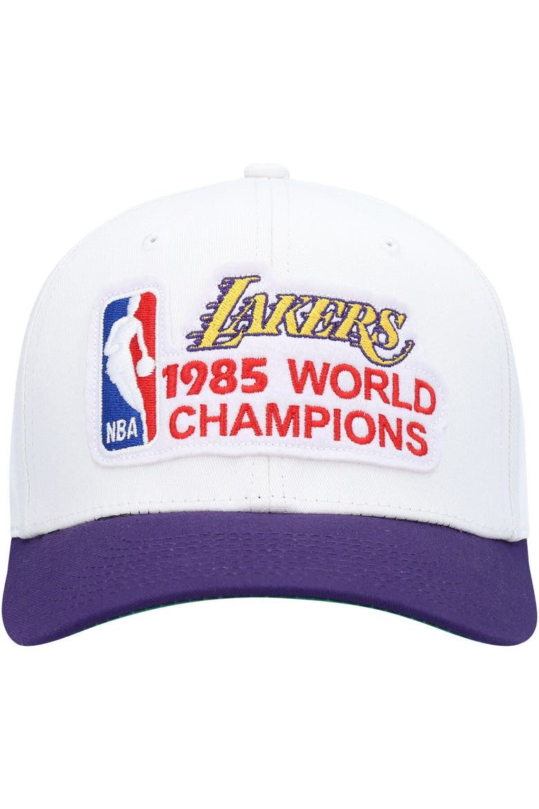 Men's Mitchell & Ness White/Purple Los Angeles Lakers Hardwood Classics 1985 NBA World Champions Snapback Hat, Alternate, color, White