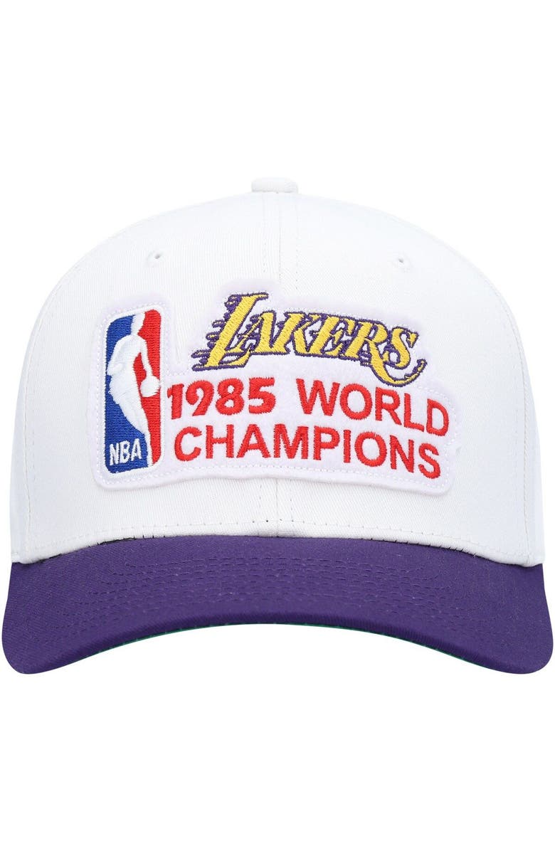 Mitchell & Ness Men's Mitchell & Ness White/Purple Los Angeles Lakers Hardwood Classics 1985 NBA World Champions Snapback Hat, Alternate, color,