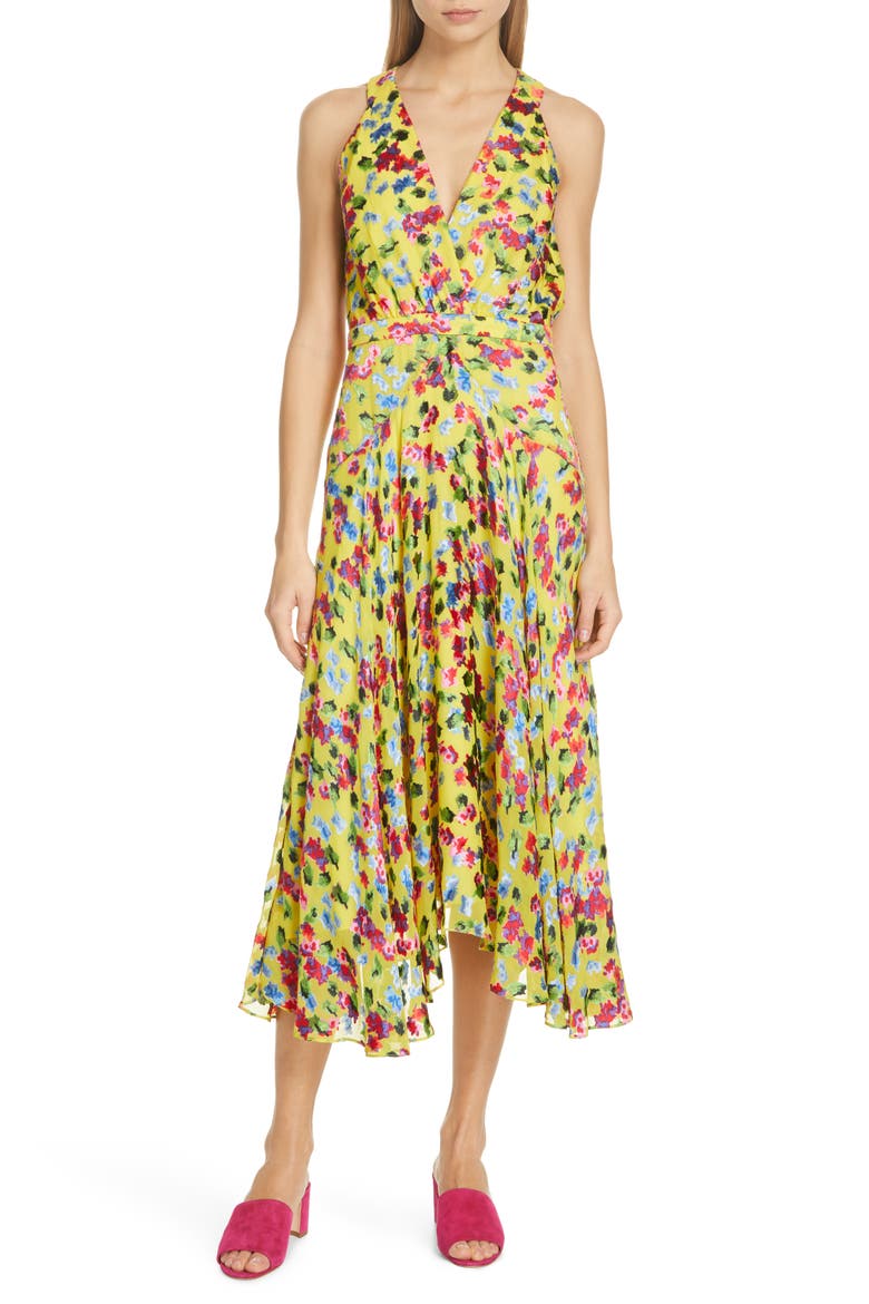 Rita Floral Print Shark Bite Hem Midi Dress, Main, color, YELLOW GARDENIA