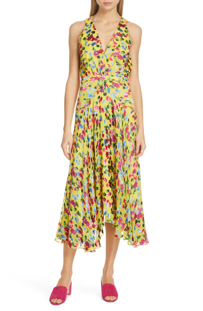 SALONI Rita Floral Print Shark Bite Hem Midi Dress, Main, color, 