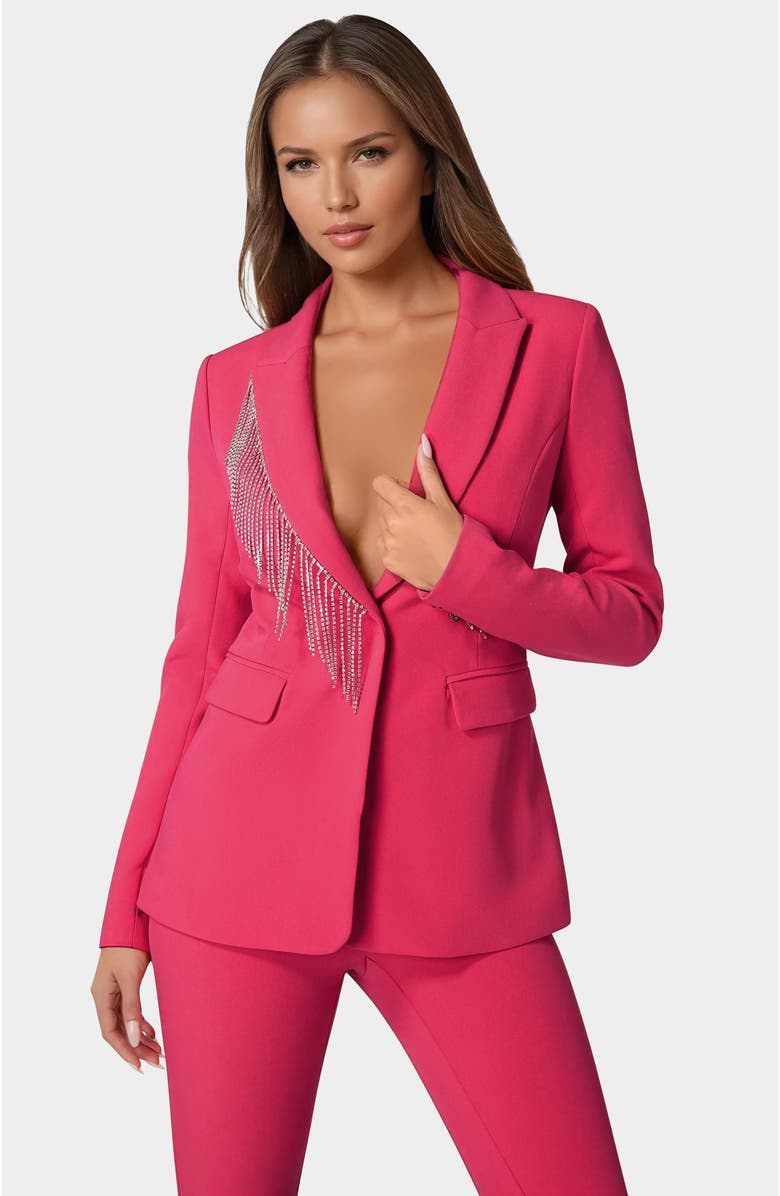 bebe Rhinestone Fringe Tailored Blazer, Main, color, White Alyssum