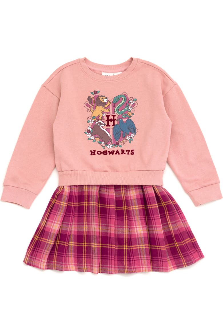 Fleece Pleated Sweatshirt Dress, Main, color, Mellow Rose Plaid