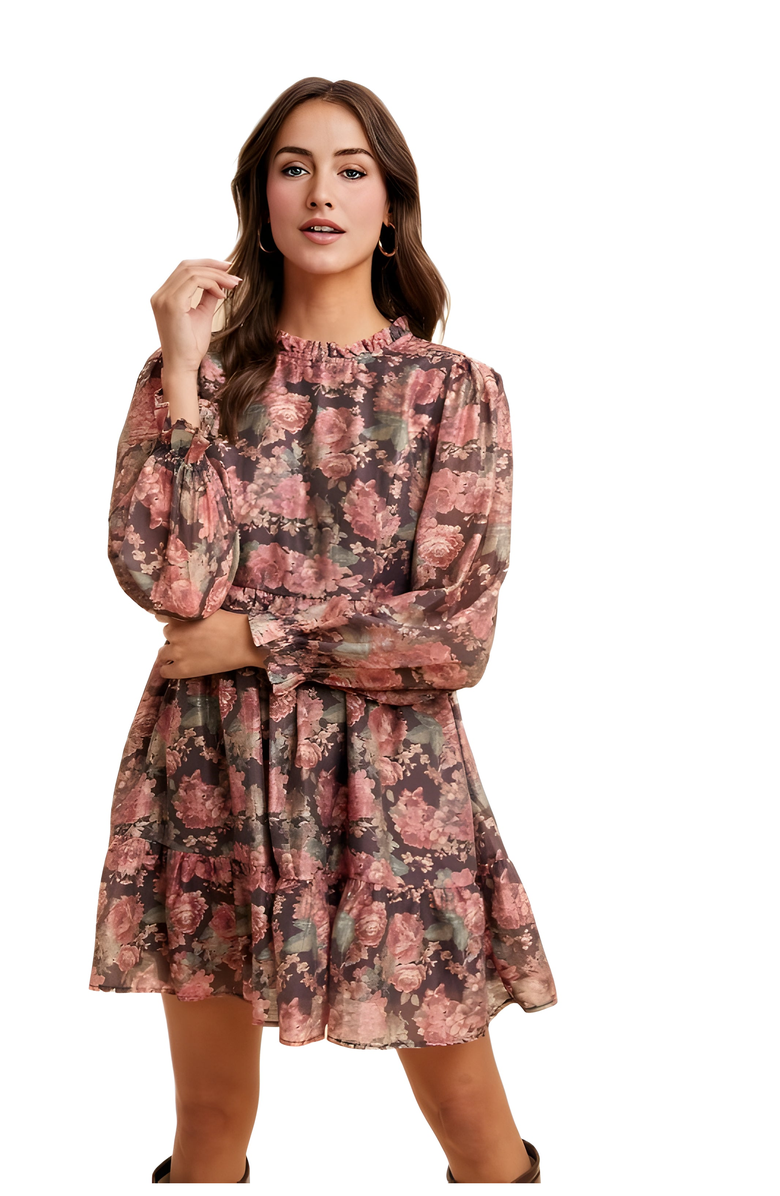 Knit and Lounge Romantic Floral Ruffle Mini Dress with Sheer Long Sleeves, Alternate, color,