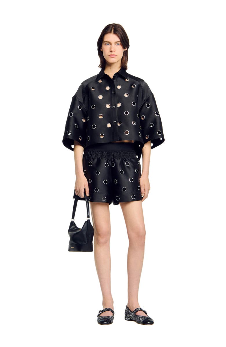 SANDRO Oversized shirt with rhinestones holes, Alternate, color, Black
