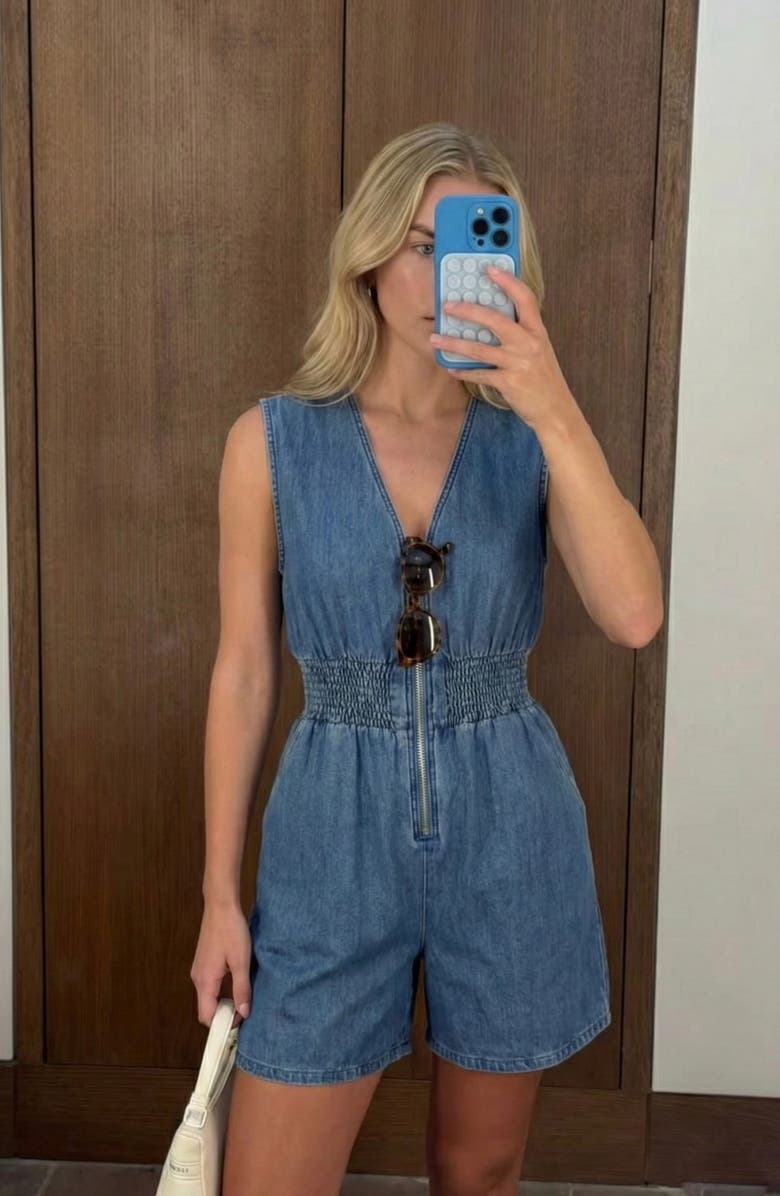 Modenaire Denim Cap Sleeve Smocked Romper, Alternate, color, Medium Wash Blue