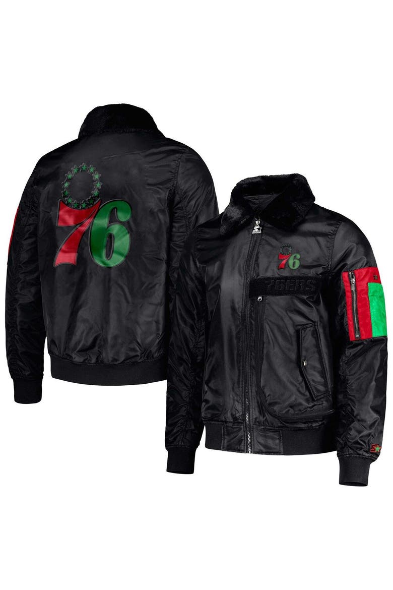 Men's Starter x Ty Mopkins Black Philadelphia 76ers Black History Month Satin Full-Zip Jacket, Main, color, Black