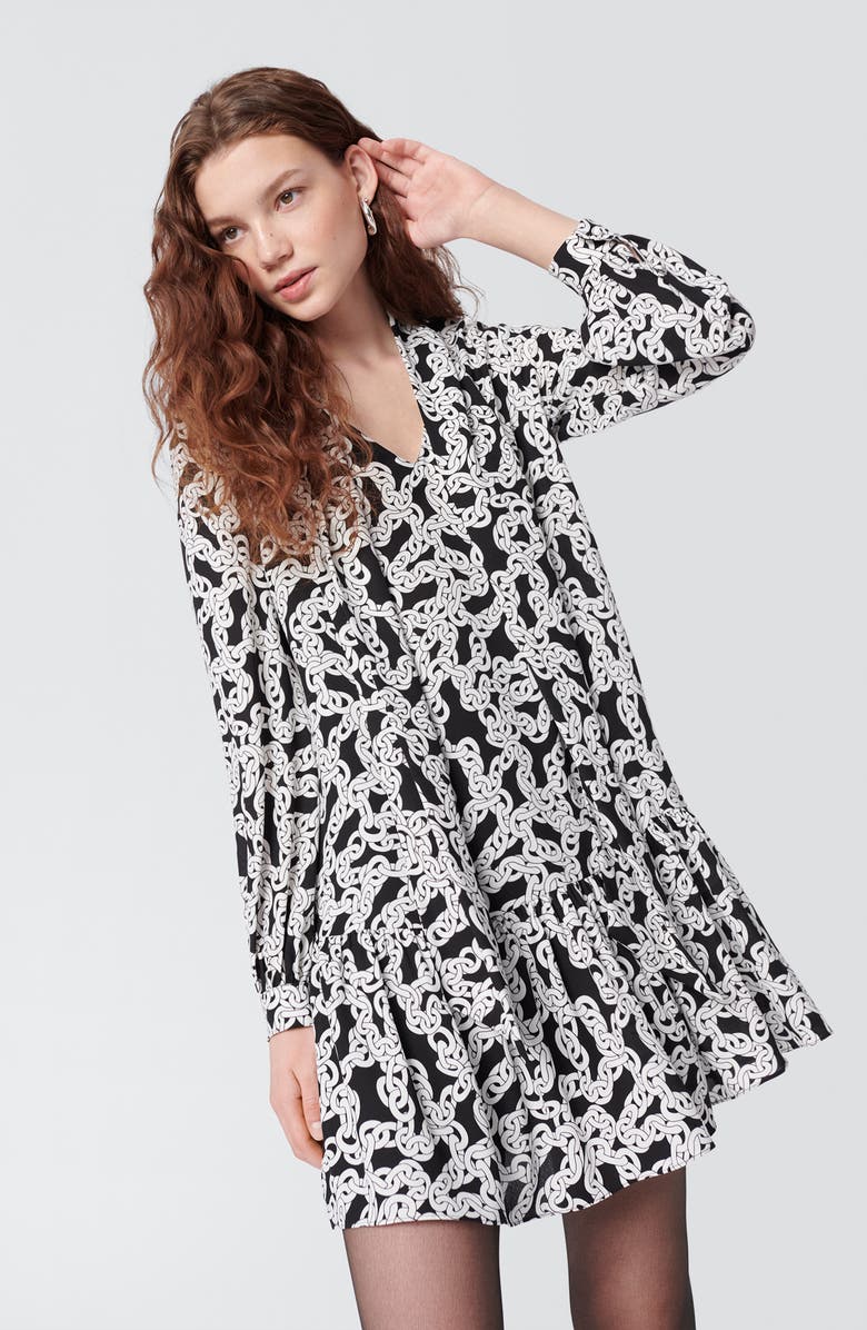 DVF Akila Print Long Sleeve Drop Waist Crepe Dress, Alternate, color, Crawl Chain Sm Black