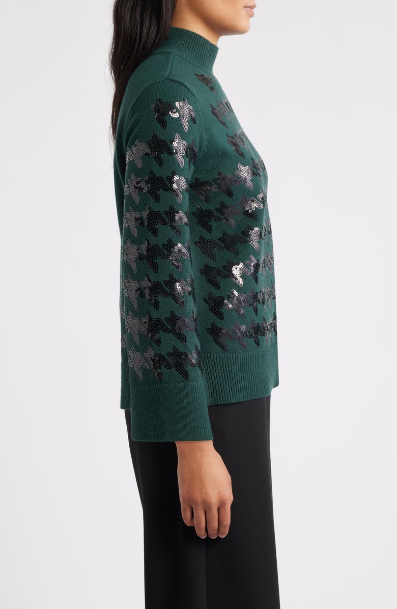 Anne Klein Sequin Houndstooth Mock Neck Sweater, Alternate, color, Pine Forest