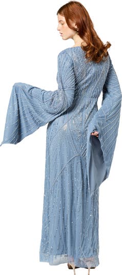 Modest Embellished Sequin Beaded Maxi Dress With Long Sleeves