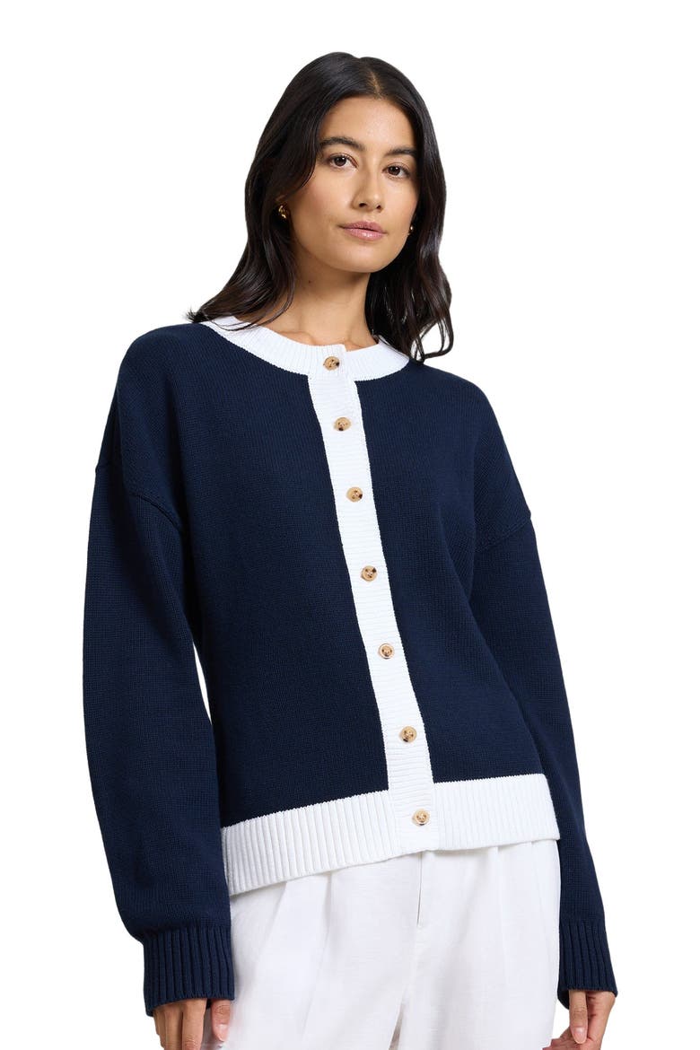 Cotton Fitted Cardigan, Alternate, color, OFF WHITE/NAVY