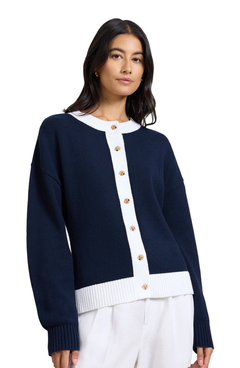 Onia Cotton Fitted Cardigan, Alternate, color, Off White/Navy