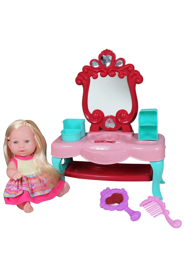Makeup Table Set with 8 Inch Toddler Doll, Brush, Mirror & Hair Accessories, Main, color, Multicolored