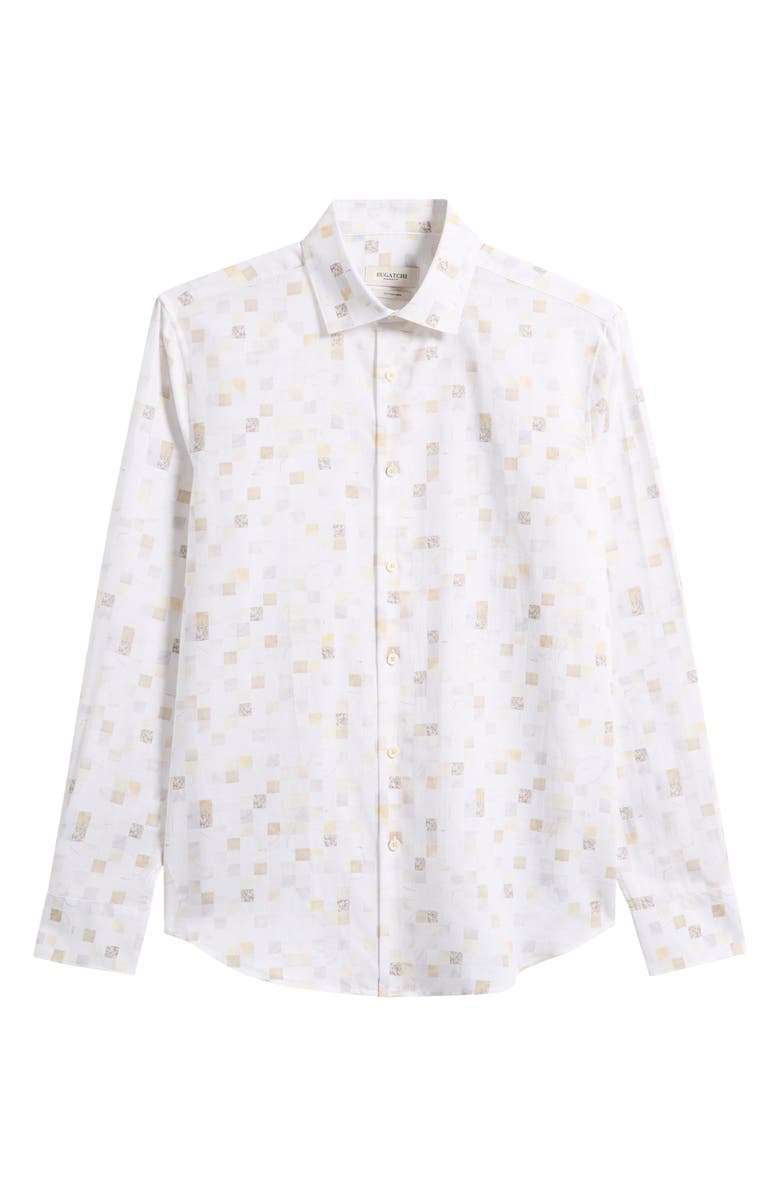 Bugatchi Axel Trim Fit Geometric Print Cotton & Linen Button-Up Shirt, Alternate, color, Desert