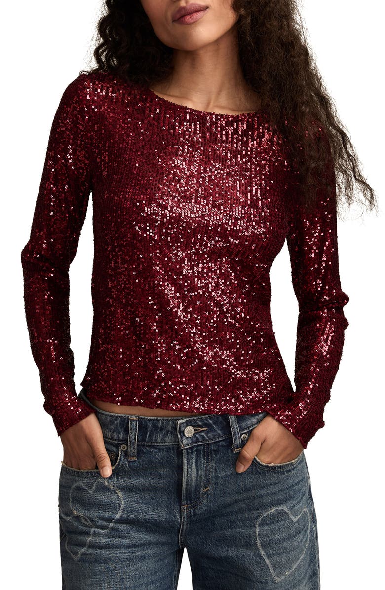 Lucky Brand Sequin Long Sleeve Top, Main, color, Red Wine