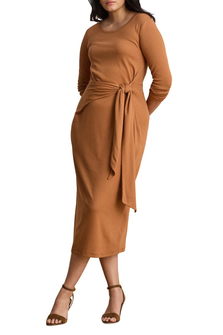 Imalah Tie Waist Rib Cotton Blend Midi Dress, Alternate, color, RED TERRACOTTA