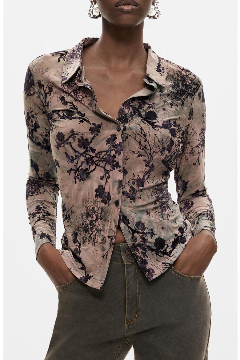 Print Stretch Button-Up Shirt, Main, color, GRAY BROWN