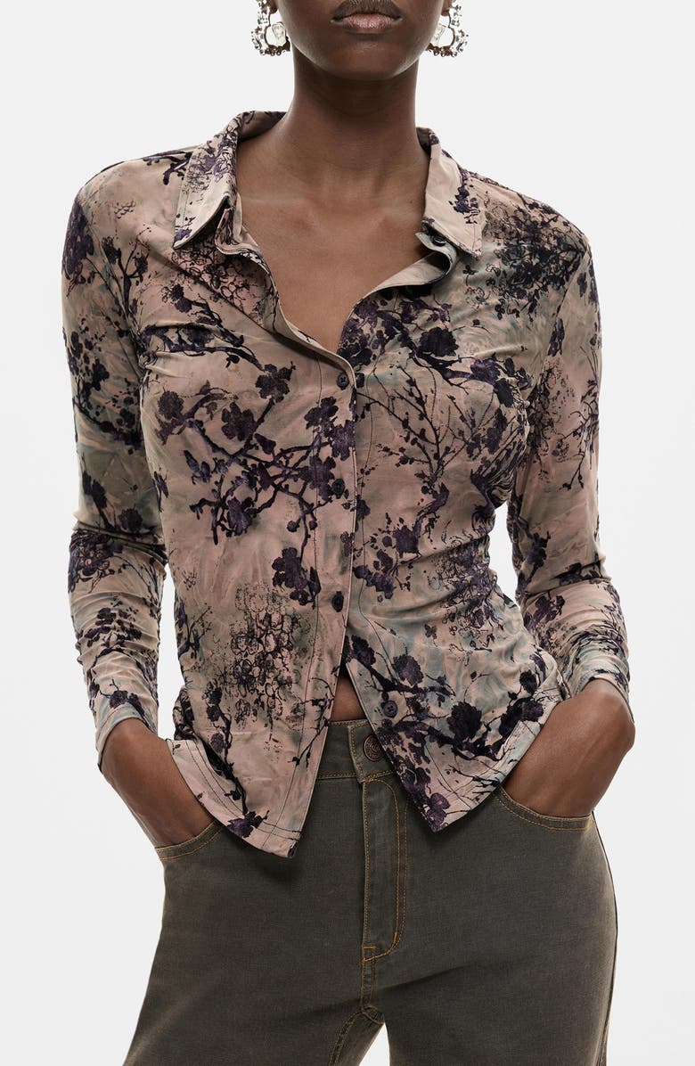 Desigual Print Stretch Button-Up Shirt, Main, color, Gray Brown