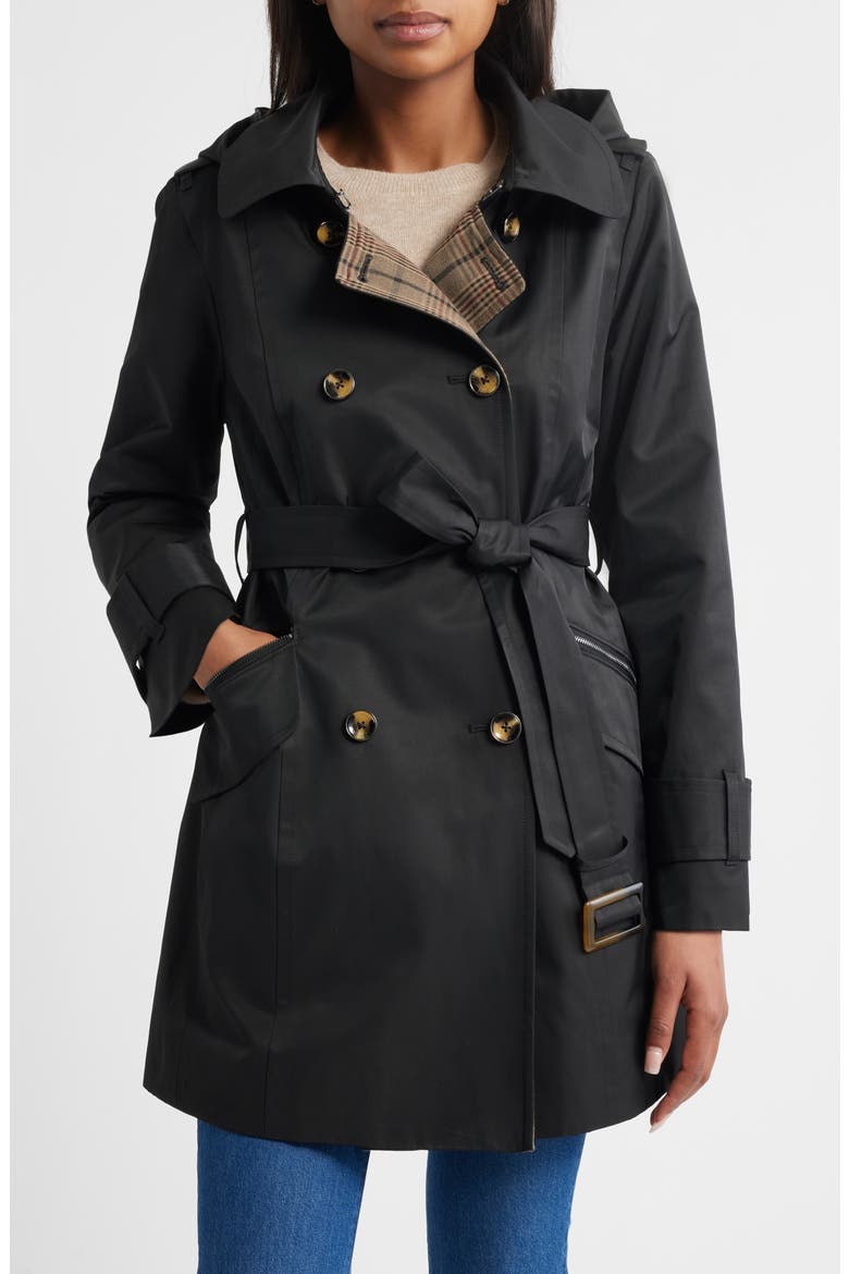 Double Breasted Trench Raincoat, Main, color, BLACK