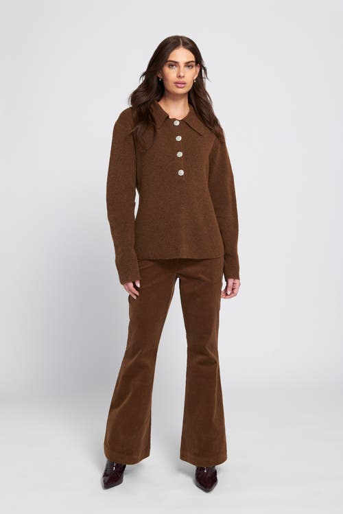 Elle Collection Fuzzy Knit Jumper Henley Sweater In Brown