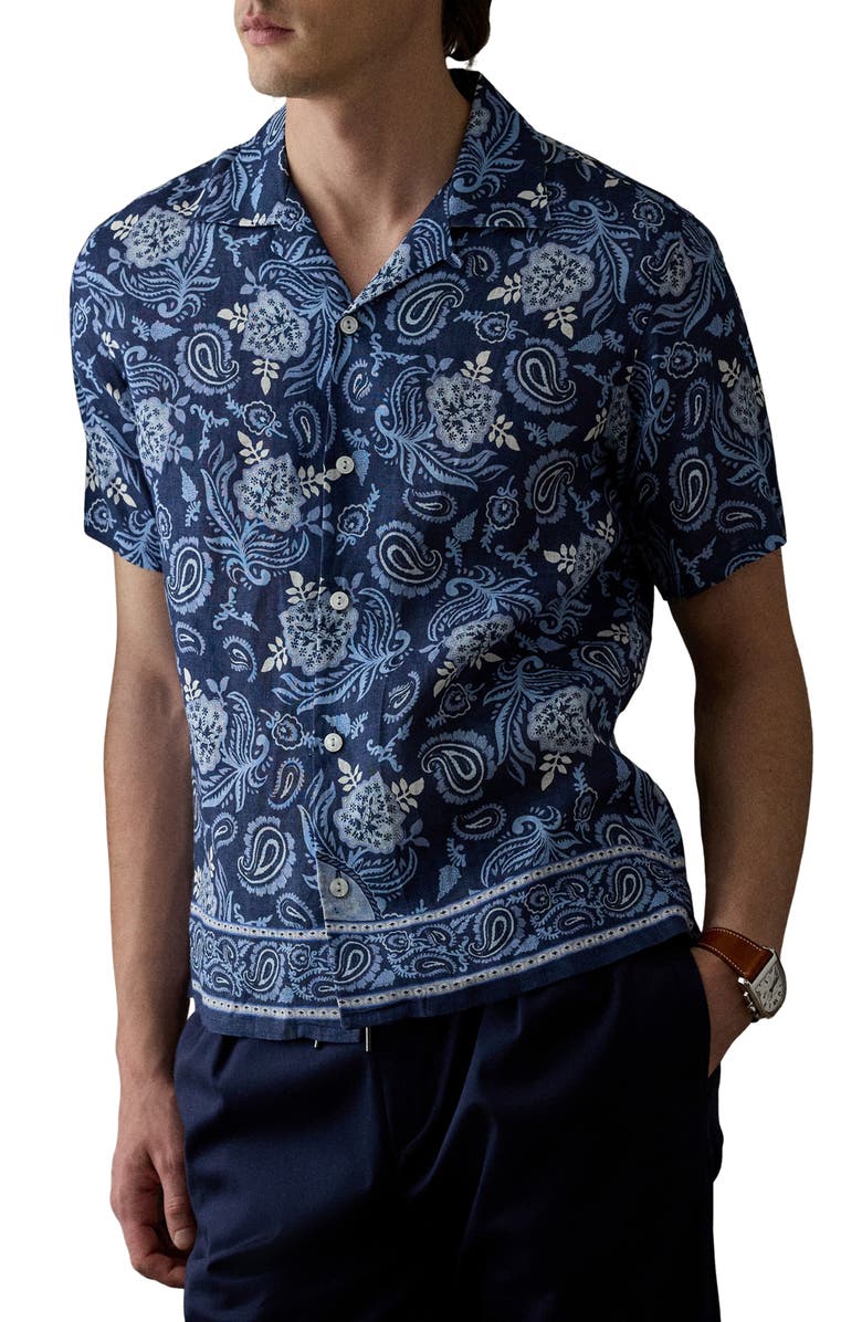 Ralph Lauren Purple Label Maiori Choppa Paisley Print Linen Camp Shirt, Main, color, Blue Multi