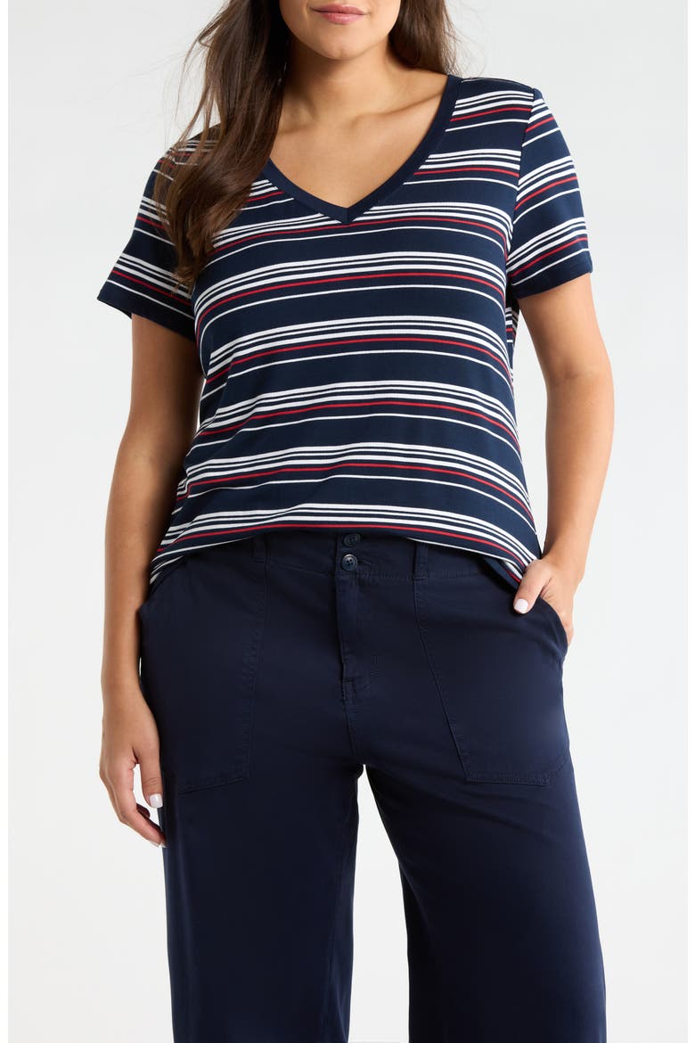 Stripe V-Neck Terry T-Shirt, Main, color, DARK NAVY/ WHITE/ FB STP