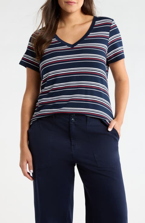Stripe V-Neck Terry T-Shirt (Plus)