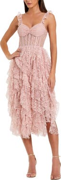 Mac Duggal Lace Bustier Midi Dress With Spiral Ruffles