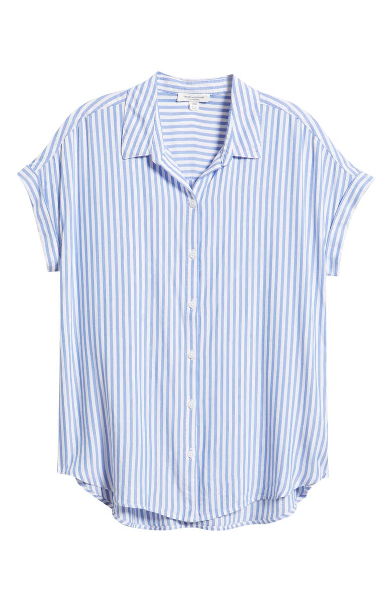 beachlunchlounge Kenzie Stripe Short Sleeve Button-Up Shirt, Main, color, Blue Ice