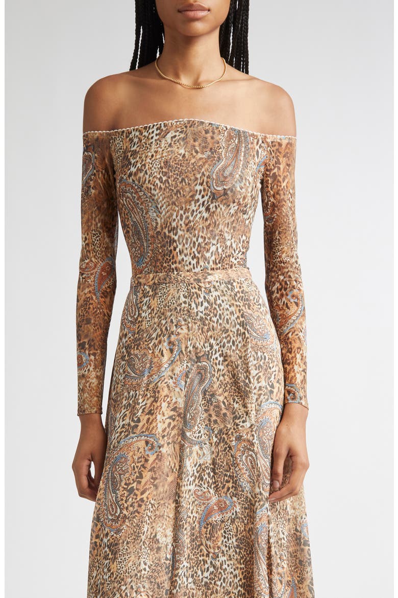 Peonie Off the Shoulder Bodysuit, Main, color, BROWN/BLUE VALENCIA LEOPARD