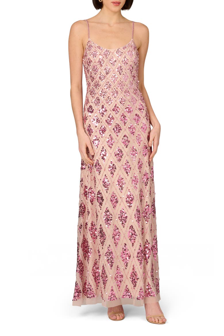 Embellished Mesh Column Gown, Main, color, PINK MULTI