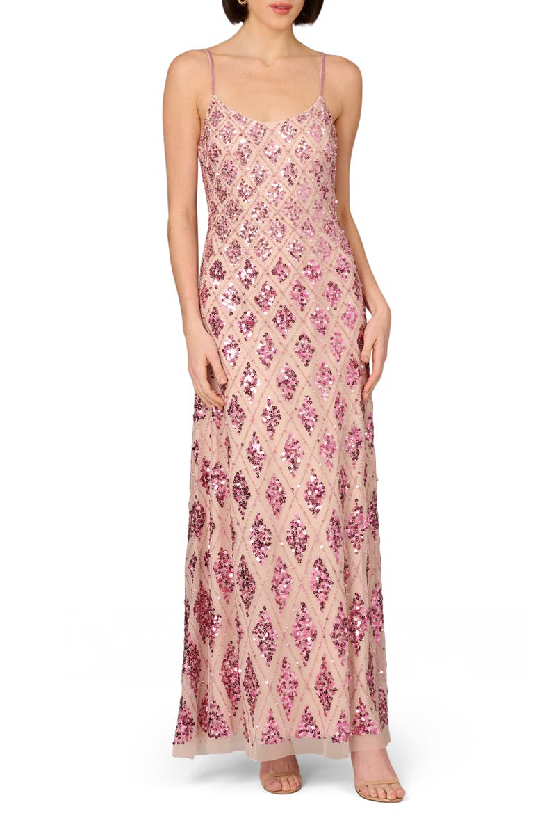 Aidan Mattox by Adrianna Papell Embellished Mesh Column Gown, Main, color, 