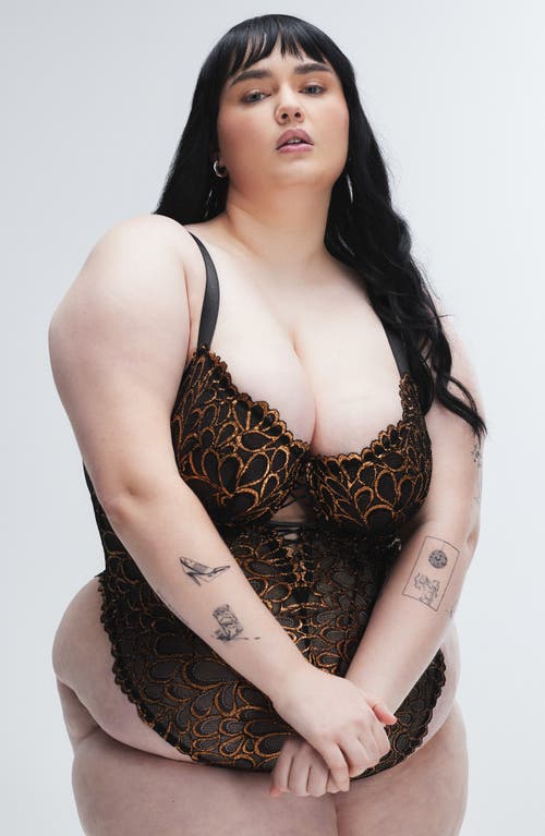Savage X Fenty Savage Not Sorry Sheer Lace Teddy In Black Caviar/bronze Metallic