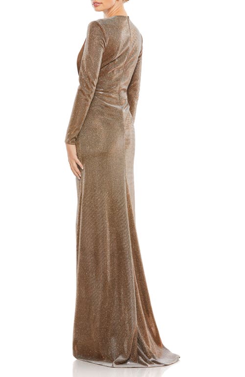Mac Duggal Sparkling Metallic Front Twist V Neck Long Sleeve Gown In Bronze