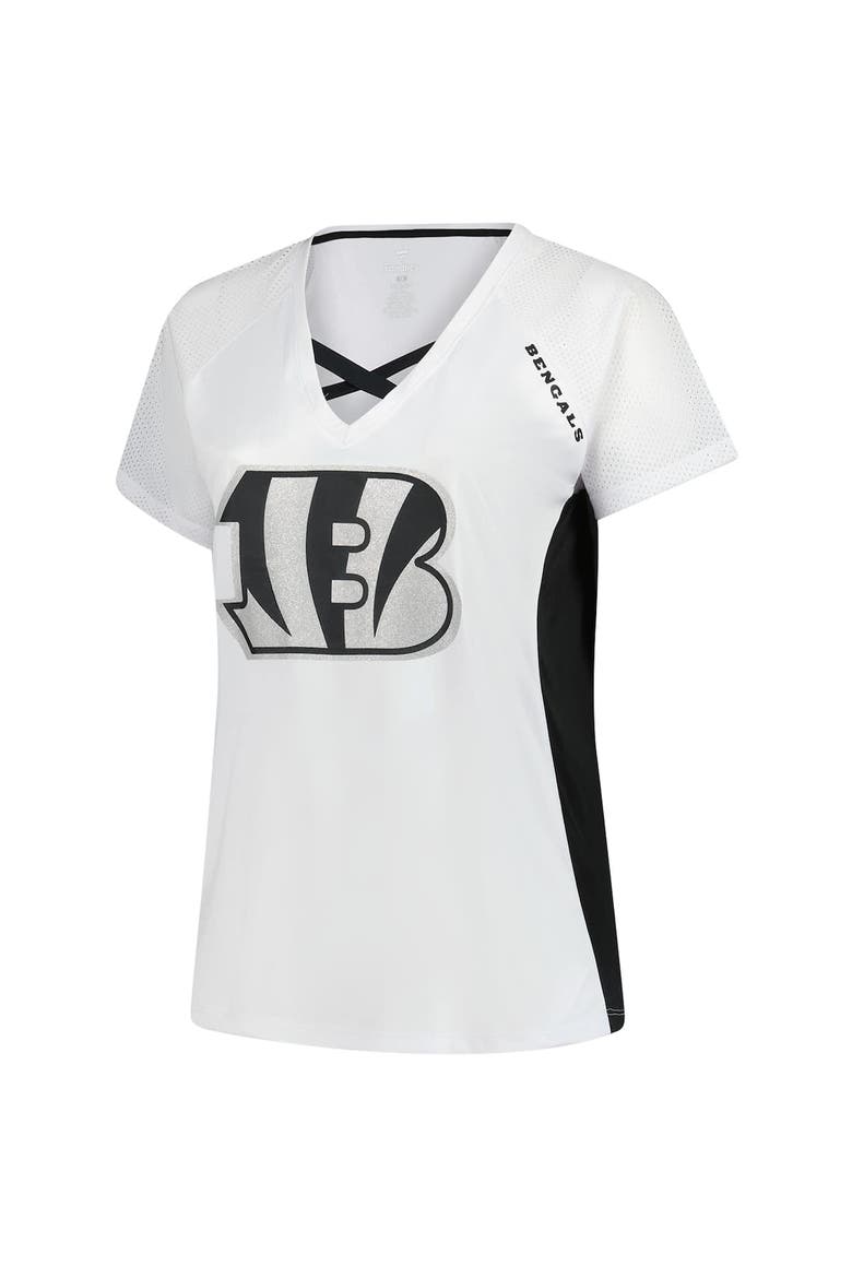 Women's Fanatics  White Cincinnati Bengals Plus Size Glitter Lace-Up V- Neck T-Shirt, Alternate, color, White
