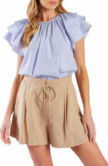 FLYING TOMATO Striped Woven Flutter Sleeve Top