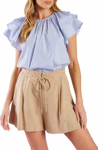 FLYING TOMATO Striped Woven Flutter Sleeve Top