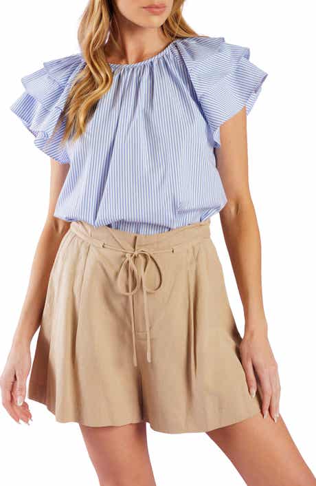 FLYING TOMATO Striped Woven Flutter Sleeve Top